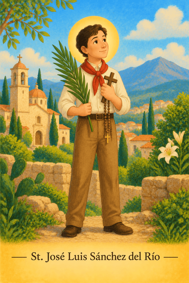Illustration of Saint José Luis Sánchez del Río holding a rosary and a palm branch.