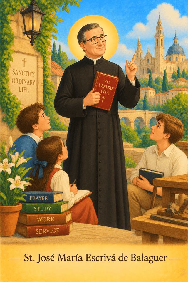 Illustration of Saint Josemaria Escriva holding crucifix and Bible.